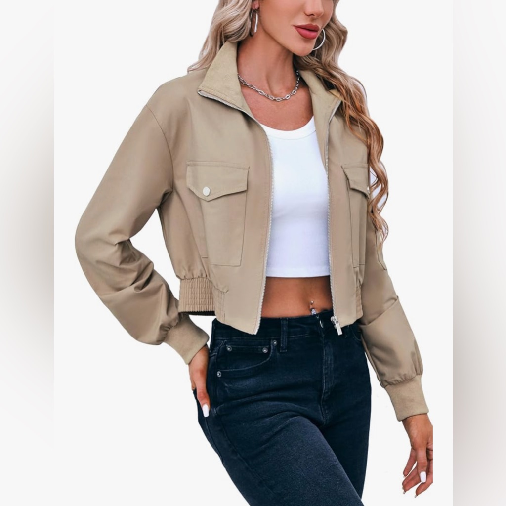 New Crop Bomber Jacket Lightweight Zip Up Stand Collar Short Jacket Pockets M